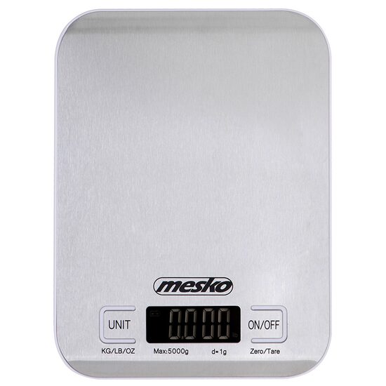 Cantar de bucatarie ultra subtire, Mesko Inox, Ecran LCD, 1g-5kg, Baterie 2 x AA, Argintiu