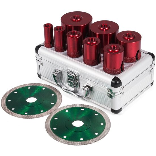 Set 8 carote diamantate si 2 discuri, pentru gresie si faianta,  Vevor M14, diametre 20/25/32/35/40/50/60/68 mm, cutie aluminiu
