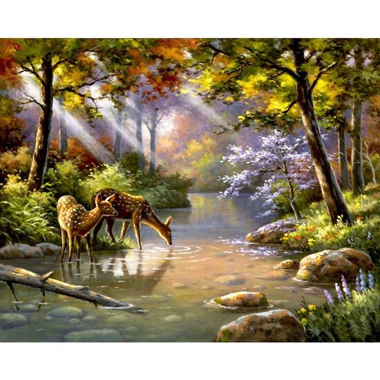 Kit pictura pe numere cu animale, 40x50 cm, Deers in paradise, PPT148