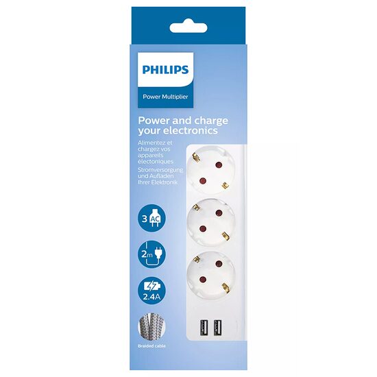 Prelungitor cu 3 prize Philips Shucko, comutator bipolar, lungime 2 m, 2 x USB, Alb
