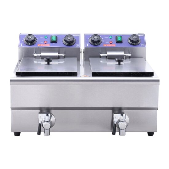 Friteuza profesionala, dubla, electrica Vevor Inox, 2 x 3000 W, capacitate 2 x 11.6 l, dimensiune 570x520x355mm, robinet golire, filtru ulei