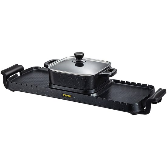 Grill electric 2 in 1 cu oala, Vevor 2400 W BBQ Teppanyaki cu control dublu al temperaturii, 73.5 x 26.5 x 19 cm