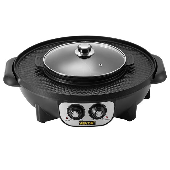 Grill electric 2 in 1 cu oala, Vevor 2200 W BBQ Teppanyaki cu control dublu al temperaturii, 51.5 x 21 x 46 cm 