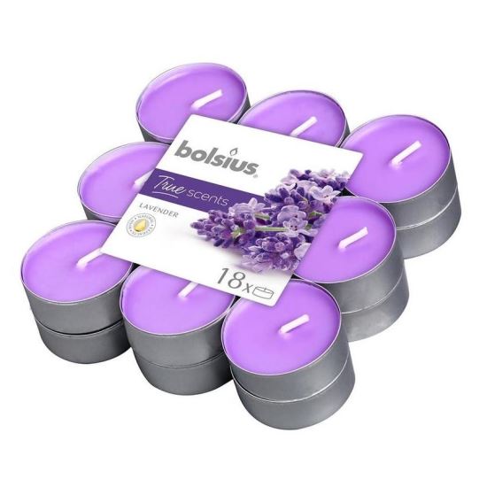 Set 18 lumanari parfumate Bolsius Tealight True Scents, Lavanda, 38 mm