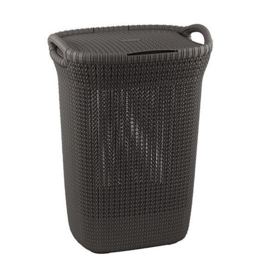 Coș de rufe, cu capac, din plastic, Curver Knit 3675, antracit, capacitate 57L