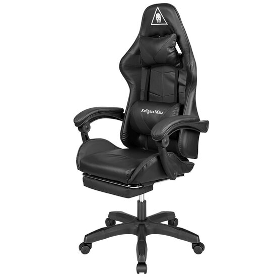 Scaun gaming, Negru, max 150 kg, 2 x perne, 5 roti, Spatar reglabil 145°, Inaltime reglabila sezut 42-52 cm
