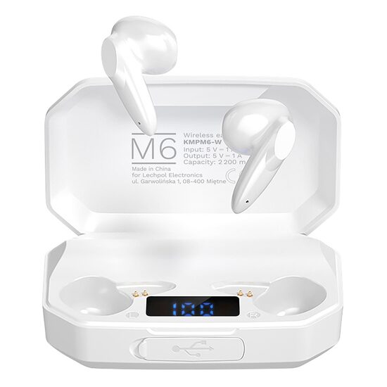 Casti On the ear, K&M, Bluetooth, Wireless, diametru difuzor 13 mm, Timp de lucru 5 ore, Etui si powerbank, Alb