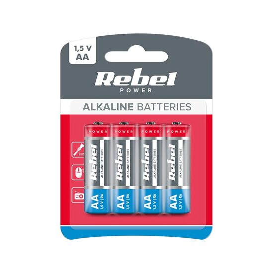 Set 4 baterii alcalin, Rebel, in blister, 1.5 V, AA