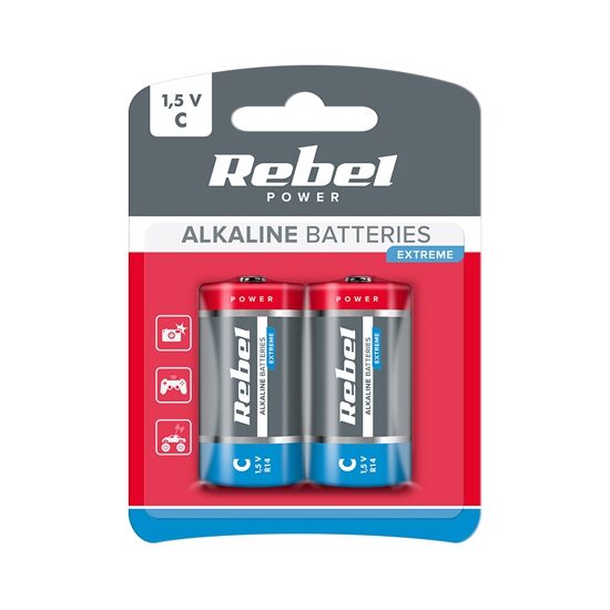 Set 2 baterii superalcaline Rebel Extreme, marime C (R14), 1.5V