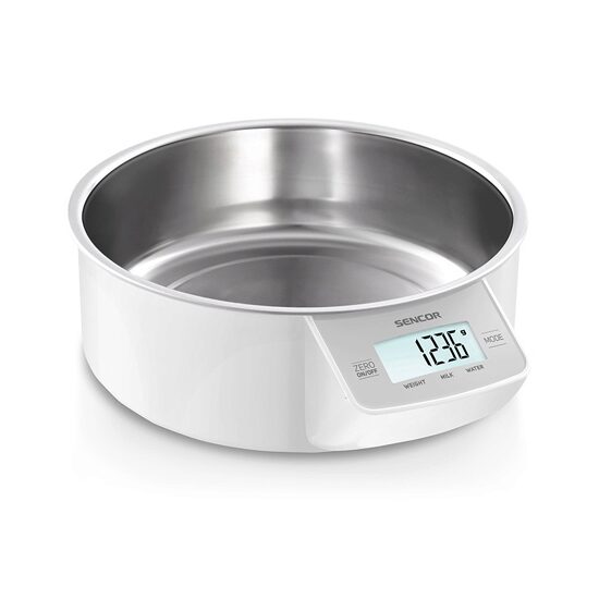 Cantar de bucatarie cu bol Inox 1000 ml, baterie 2x1.5V AAA, capacitate 1g-5kg, Gri/Alb
