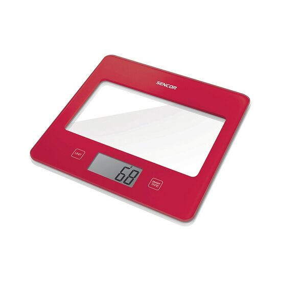 Cantar de bucatarie sticla securizata, Rosu, Ecran LCD, 1g-5kg, 1x 3V baterie litiu CR 2032