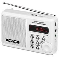 Radio portabil FM, antena telescopica, 2W, USB, Intrare audio Jack 3.5 mm, Alb