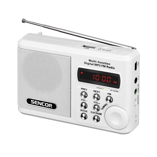 Radio portabil FM, antena telescopica, 2W, USB, Intrare audio Jack 3.5 mm, Alb