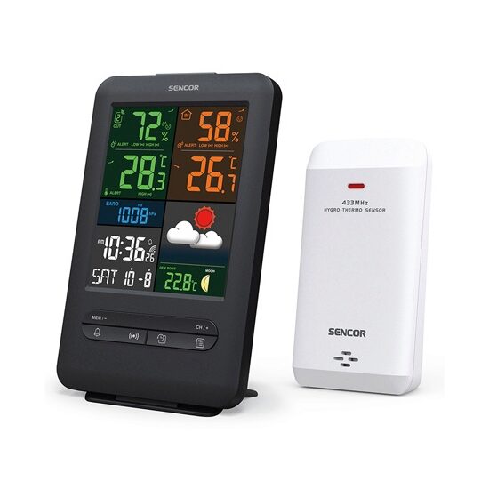 Statie meteo de interior/exterior, Afișaj color cu diagonală de 5.4", Temperatura si Umiditate, Barometru, Prognoza meteo, 118x192.5x21 mm, Negru