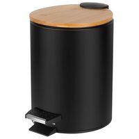 Cos pentru baie Teesa 3 l, Negru/Maro, Metal/Bambus, Pedala, Inchidere lenta, 17 x 23.5 cm