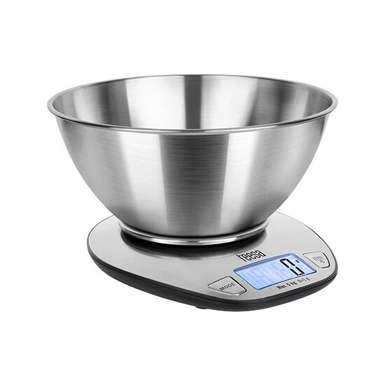 Cantar de bucatarie cu bol, Inox, Ecran LCD, 10g-5kg, 2 x baterii AAA