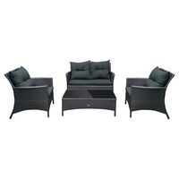 Set mobilier de gradina, canapea si 2 fotolii, max 150 kg, gri inchis, cu perne, blat din sticla