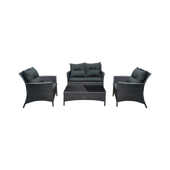 Set mobilier de gradina, canapea si 2 fotolii, max 150 kg, gri inchis, cu perne, blat din sticla