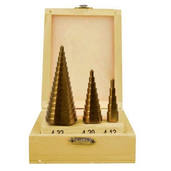 Set 3 burghie in trepte Geko G38502, 4-12, 4-20, 4-32 mm, HSS, acoperite cu titan