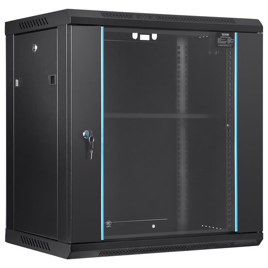 Rack metalic de perete 19'', Vevor 12U, usa din sticla, 640 x 450 x 600 mm, Montare pe perete