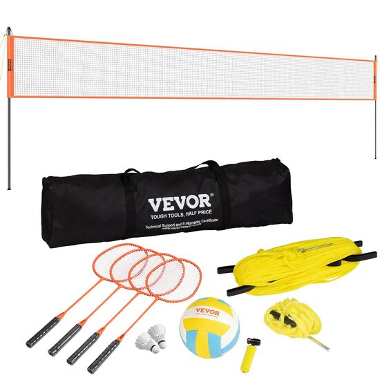 Set fileu portabil pentru tenis si badminton Vevor 970 x 3.2 x 245 cm, Cadru metalic, geanta transport, 4 x palete, 1 x minge volei, inaltime reglabila