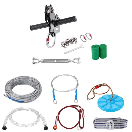 Set tiroliana Vevor lungime 24 m, capacitate max 226 kg, cablu, Ham, frana cu arc, scaun