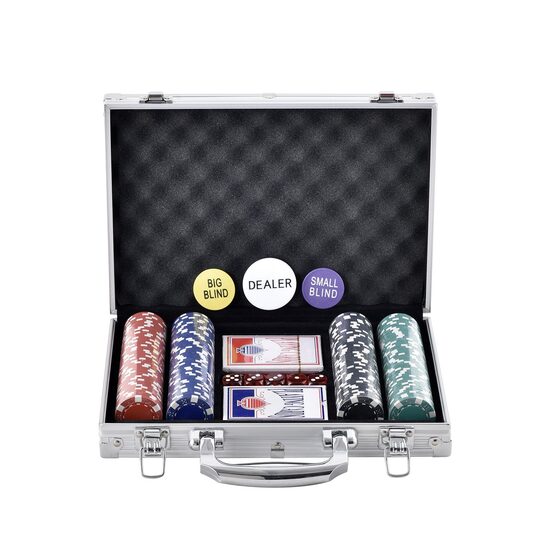 Set poker Vevor 200 jetoane 11.5 g, 2 pachete carti, 5 zaruri, cutie aluminiu