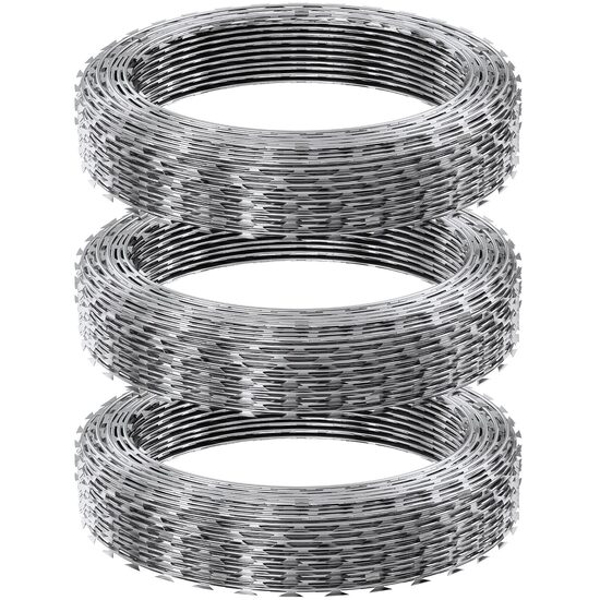 Set 3 role de sarma ghimpata, Otel galvanizat, lungime totala 45 m, Spirala dubla cu catarama