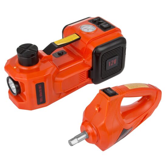 Kit cric hidraulic cu compresor si cheie electrica pentru roti, Capacitate 3 Tone, Alimentare 12 V, Inaltime max 530 mm, Lanterna