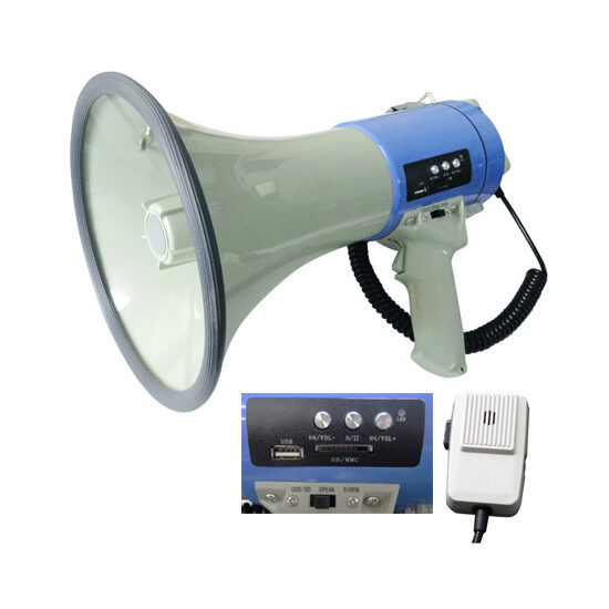 Megafon 60W, Diametru 240 mm, Lungime 350 mm, baterie Li-Ion, MP3, USB, SD, Sirena