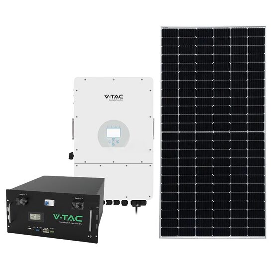 Kit 24 panouri solare fotovoltaice, Invertor solar Hybrid trifazat 10 kW IP65, Acumulator 9,6 kWh, 6000 cicluri