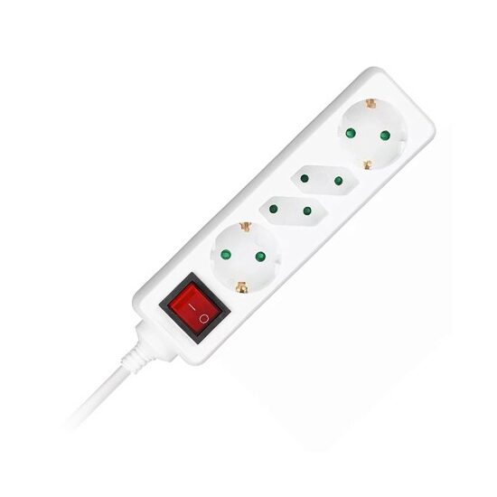 Prelungitor 4 prize 2xEURO  si 2xSchuko, Intrerupator, lungime 1.5 m, 16A, Alb