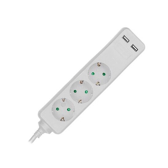 Prelungitor 3 prize Schuko, 2xUSB, 16A, lungime 1.5 m, Alb