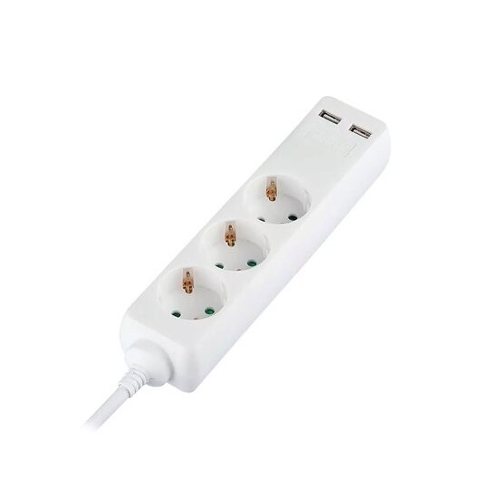 Prelungitor 3 prize Schuko, 2xUSB, 16A, lungime 5 m, Alb