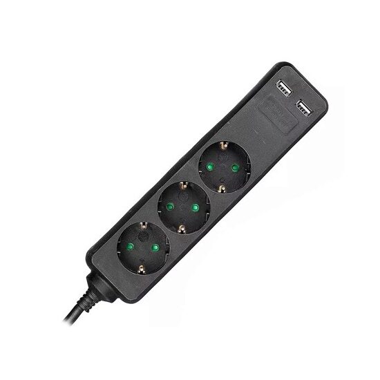 Prelungitor 3 prize Schuko, 2xUSB, 16A, lungime 1.5 m, Negru