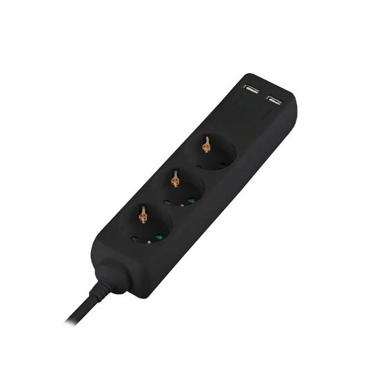 Prelungitor 3 prize Schuko, 2xUSB, 16A, lungime 5 m, Negru