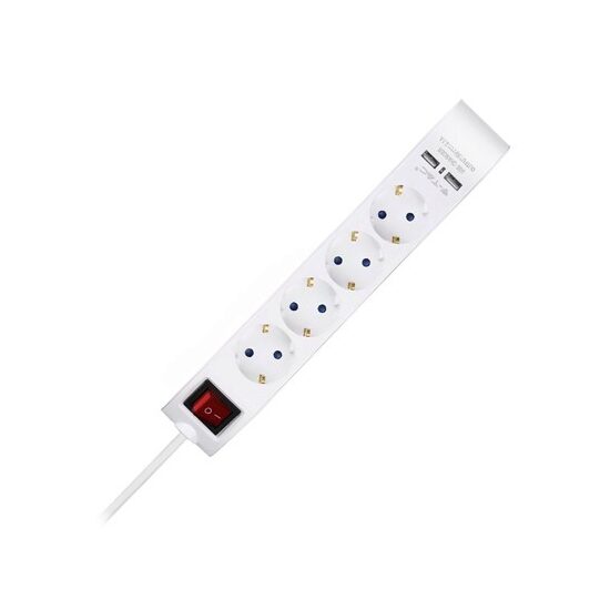 Prelungitor 4 prize Schuko, 2xUSB 2.1A, lungime 1.4 m, Intrerupator, Alb