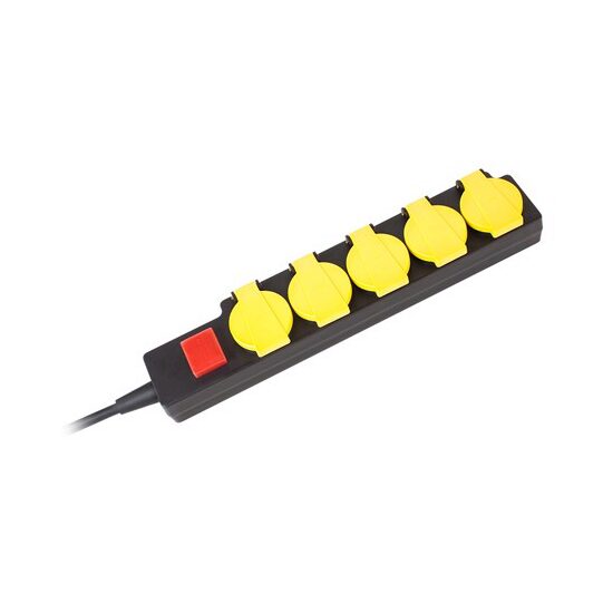 Prelungitor de exterior, 5 prize cu capac, IP44, lungime 3 m, 16A, Galben/Negru, Intrerupator
