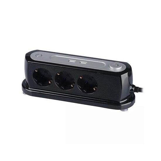 Prelungitor 3 prize Schuko, 2xUSB 1.2 A, lungime 1.4 m, Intrerupator, Negru/Gri