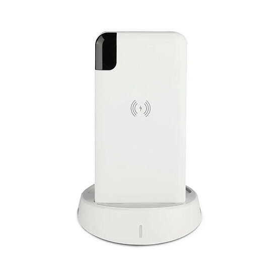 Powerbank cu stand de incarcare, Wireless 8000mAh, 2x USB, USB-C, Alb, 2.1 A, 5 W
