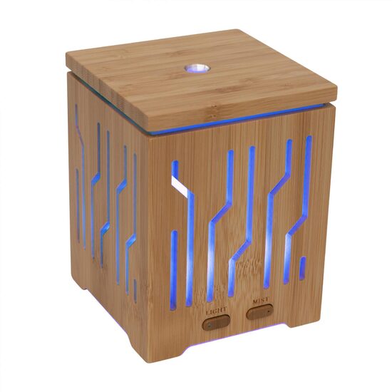Difuzor aromaterapie cu ultrasunete, cub, Lemn, Maro, 30 ml / h, Lumina ambientala, 102 x 102 x 130 mm