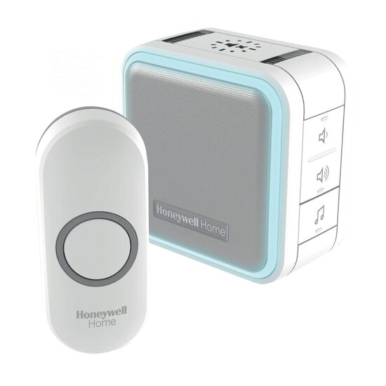 Sonerie fara fir, Honeywell 150 m, 3 x AA, 1 x CR2032, 6 melodii, sunet polifonic, Albastru/Alb