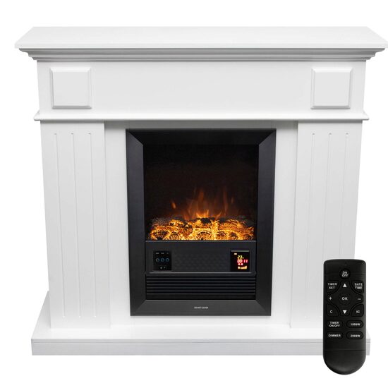 Semineu electric de perete, MDF, Alb, 2 trepte 1000/2000 W, efect flacara, 109 x 100 x 37 cm, Telecomanda
