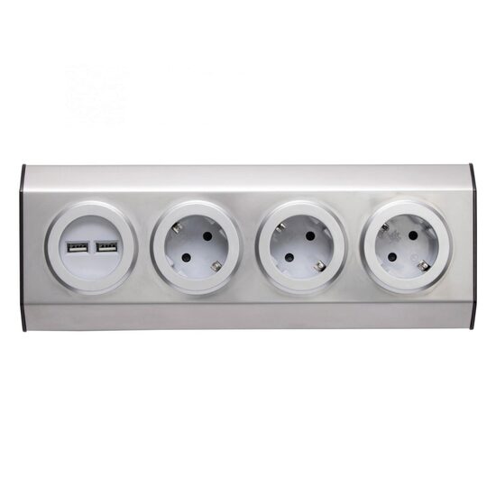 Prelungitor pentru mobila bucatarie, 3 prize, 2xUSB, fara cablu, Gri
