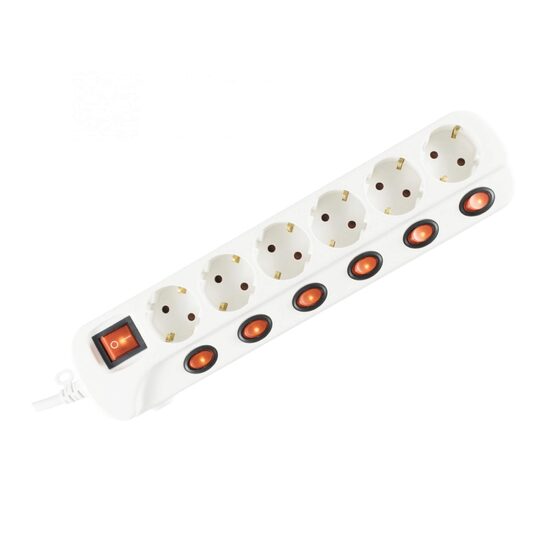 Prelungitor 6 socluri cu intrerupator Master si intrerupator individual, 3 m, alb, 3500 W