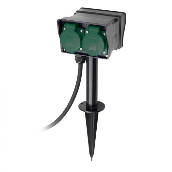 Prelungitor de exterior cu tarus, Negru/verde, capac, IP44, 4 prize, lungime 5 m
