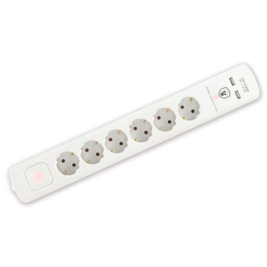 Prelungitor cu protecţie la supratensiune, 6 prize, USB, 1.4 m, 3680 W