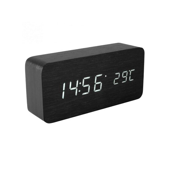 Ceas decorativ, lemn, desteptator, temperatura, LED, Negru, 150 x 70 x 45 mm 