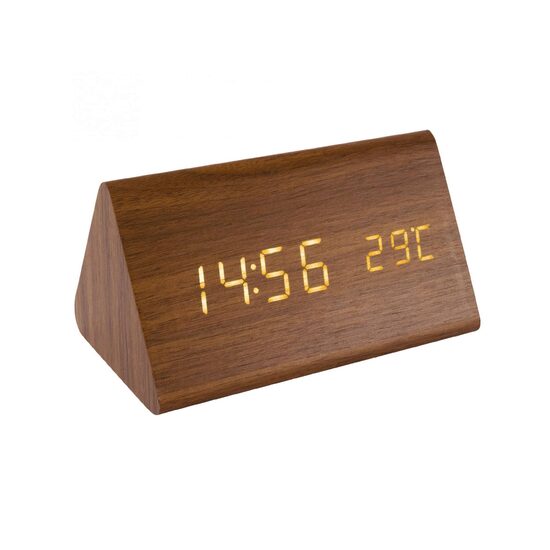 Ceas decorativ cu led, Lemn, Temperatura, 150 x 80 x 90 mm, 3 x AAA, Maro