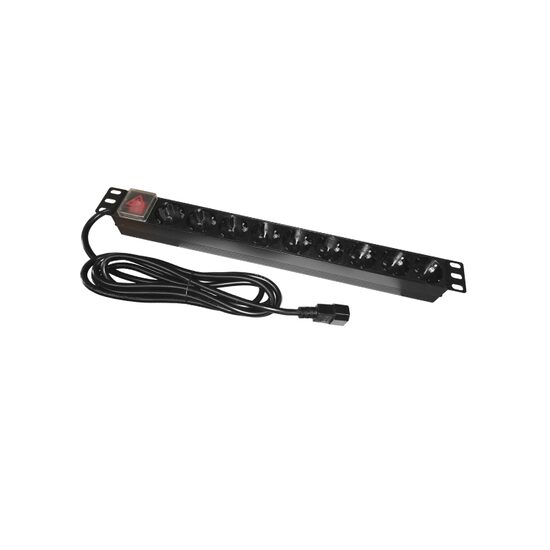 Priza PDU pentru rack 19 inch, 8 prize Schuko, maxim 16 A, protectie suprasarcina, Intrerupator, 3 m